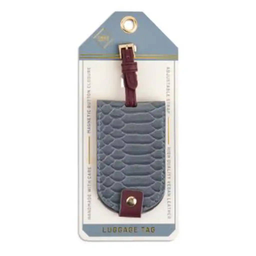 Round Flip Luggage Tag Gray Snake/Maroon Cowhide
