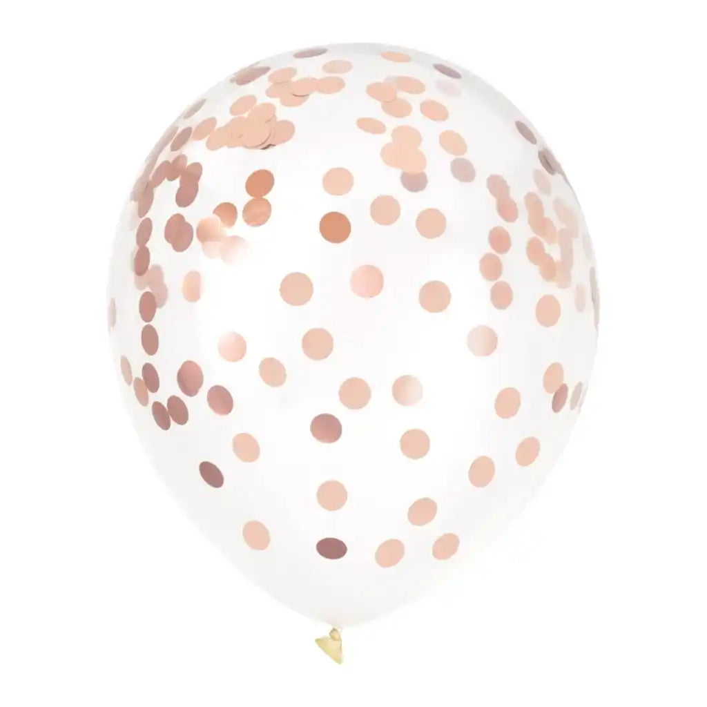 6 Clear Balloon With Rose Gold Confetti, 12in