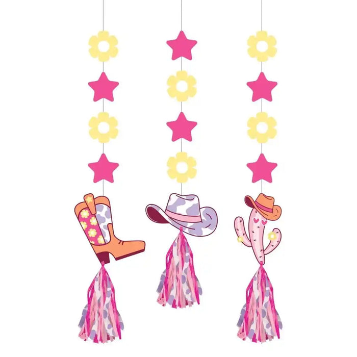 Cowgirl Boots and Bows Hanging Cutouts wit Tassels, 3ct