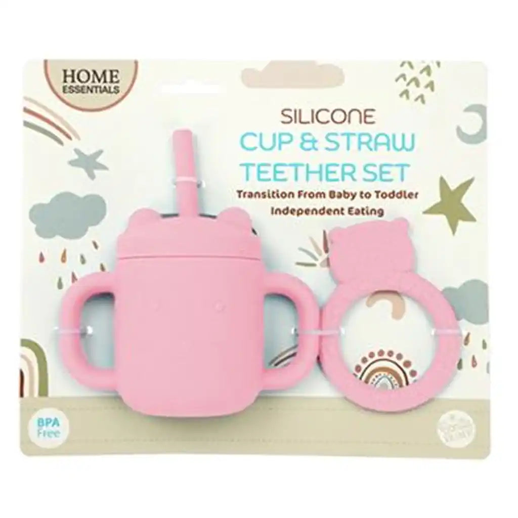 Bh Silicone Cup Straw &amp; Teether Set, Pink
