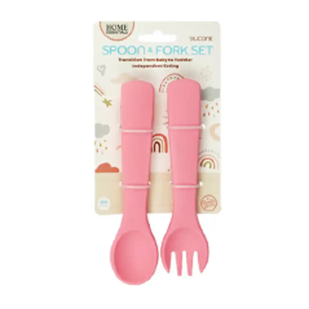 Bh Silicone Baby Spoon &amp; Fork Set 5.6in, Pink