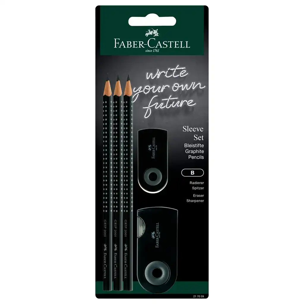 Faber-Castell 3 Pencils Black Grip Sleeve and Eraser
