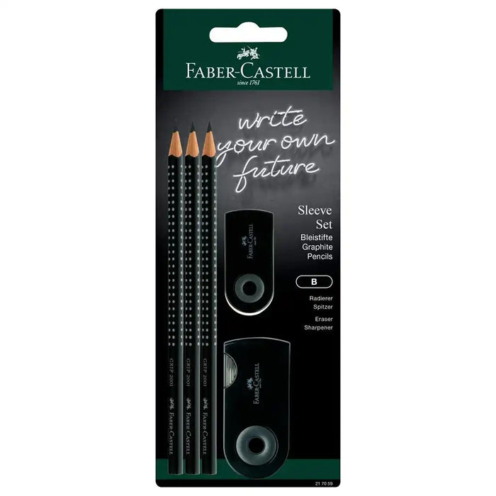 Faber-Castell 3 Pencils Black Grip Sleeve and Eraser
