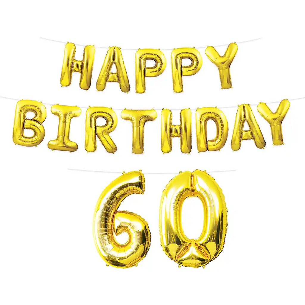 60th Happy Birthday Gold Balloon Streamer, 15ft