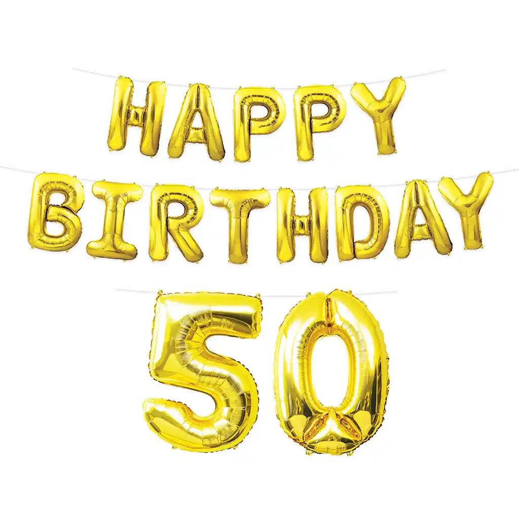 50th Happy Birthday Gold Balloon Streamer, 15ft