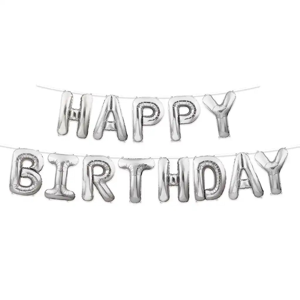 Happy Birthday Silver Balloon Streamer, 12ft