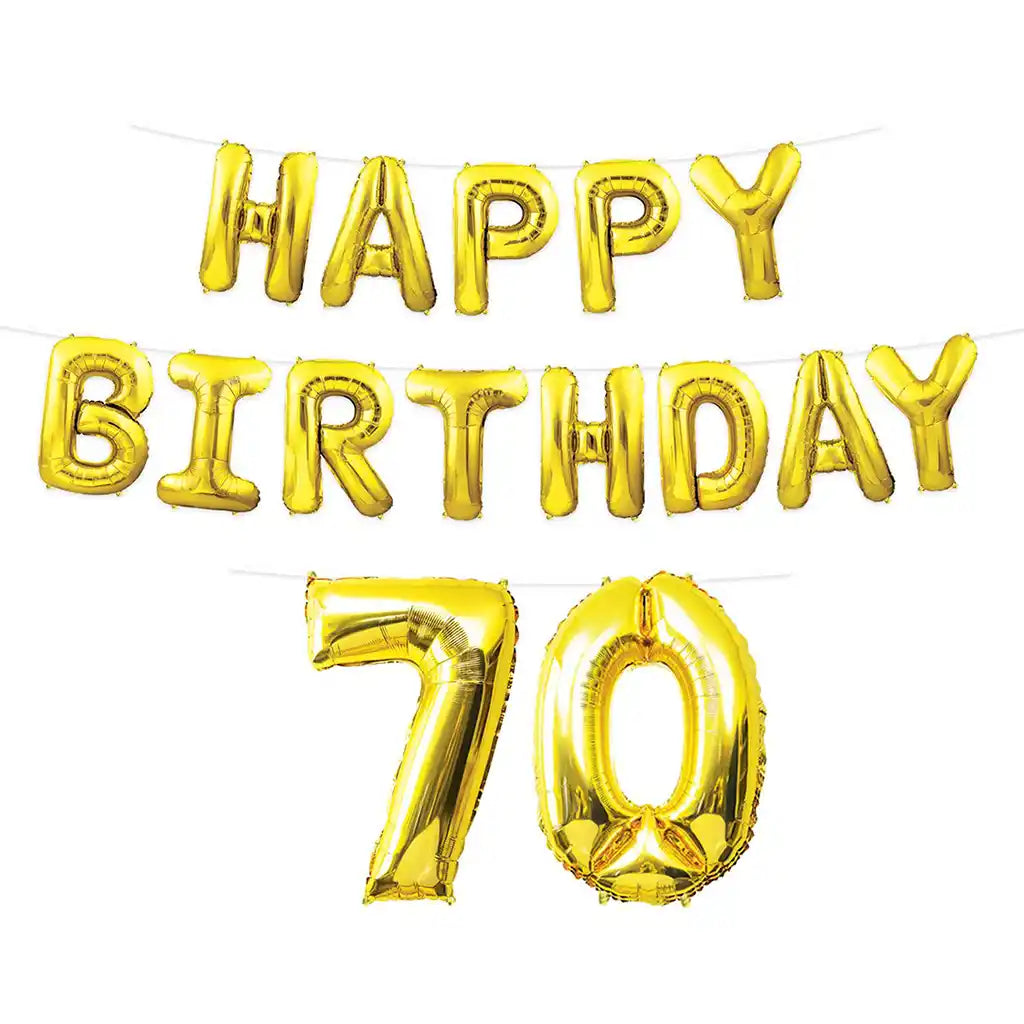 70th Happy Birthday Gold Balloon Streamer, 15ft