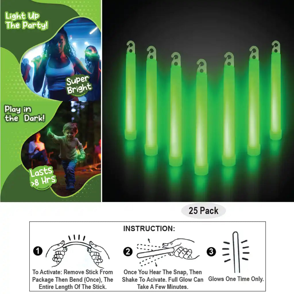 Green Premium Glow Stick 6in 25 Per Bag