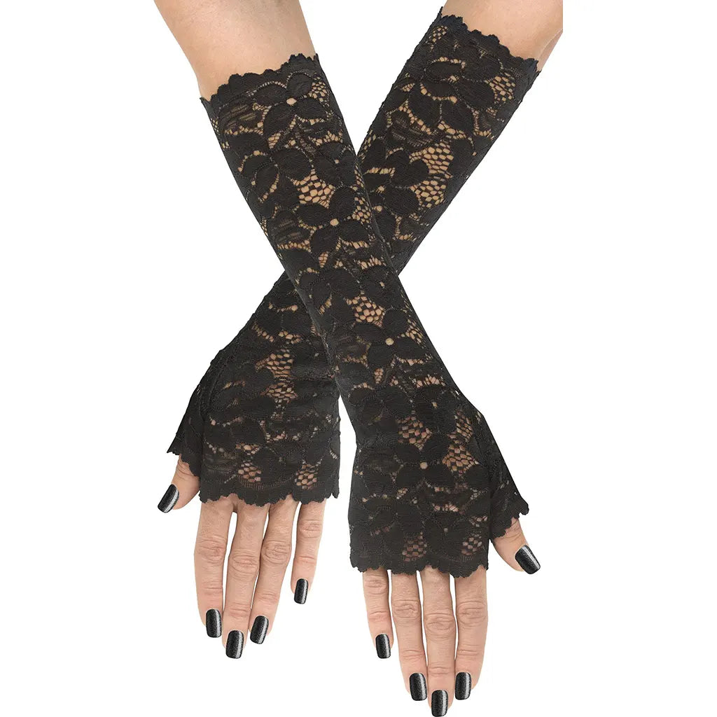 Stretch Lace Long Mitts Adult, Black