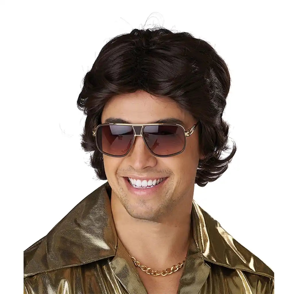 70's Feathered &amp; Flashy Wig, Dark Brown