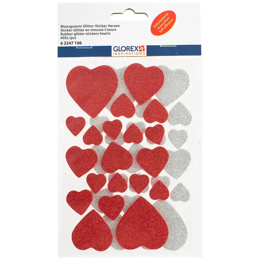 EVA glitter-stickers 40pcs Hearts in Red and Silver