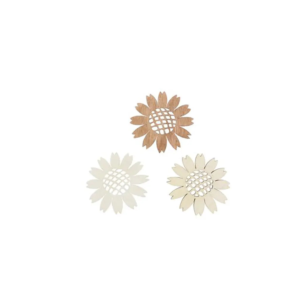 Wooden Deco Flowers 4cm 9pcs, Natural-Brown Mix