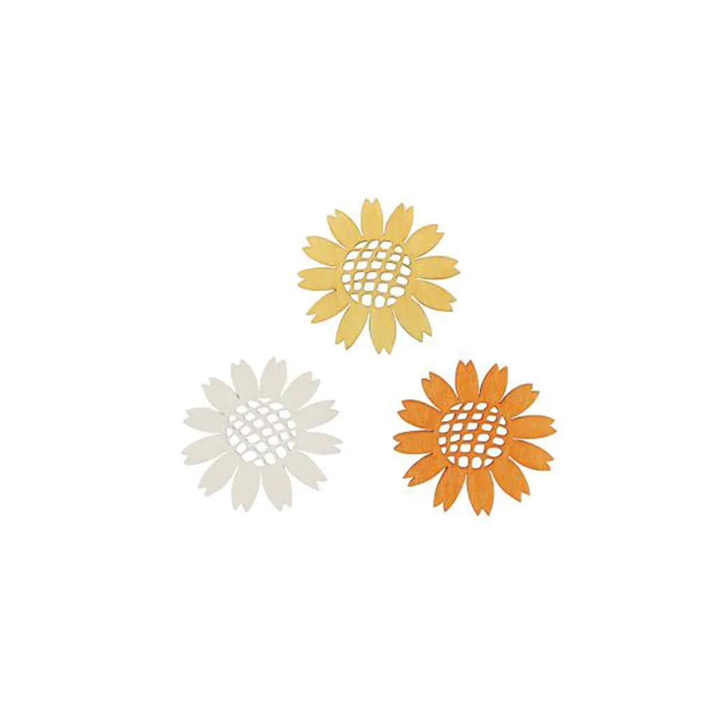 Wooden Deco Flowers 3.6cm 9pcs, Yellow-Orange Mix