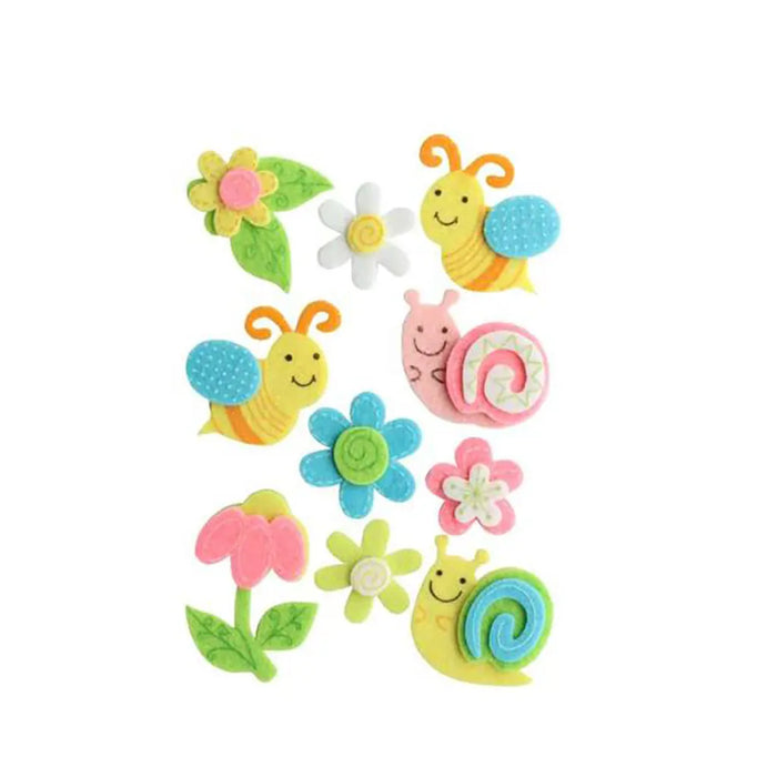 3D Felt.10pcs Snail/Bee/Flower 5x4.5cm. Self Adhesive
