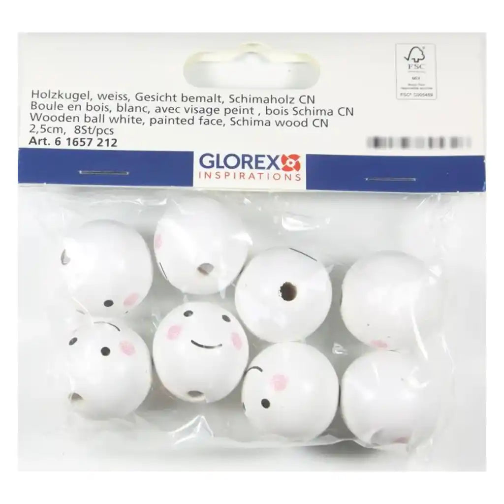 Wooden Ball White Painted Face 2.5cm, 8pcs
