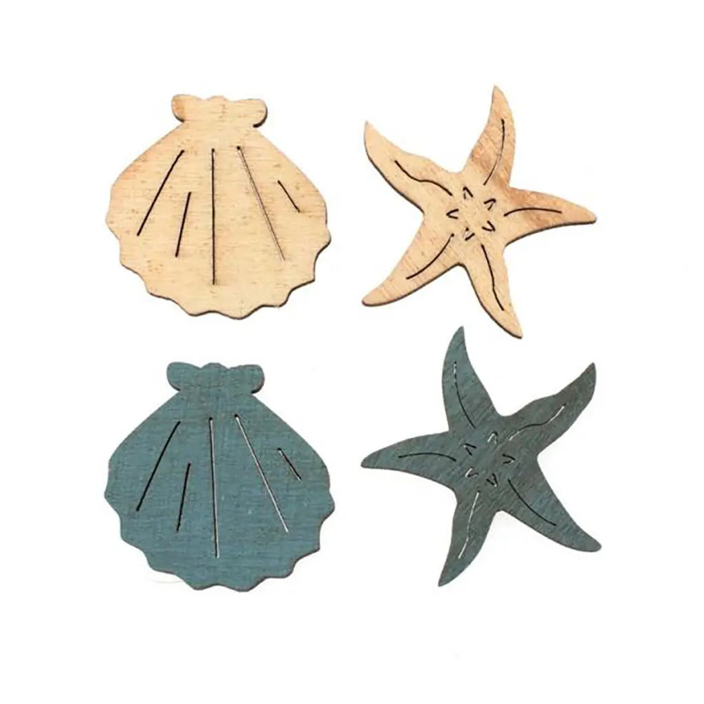 Wooden Deco Shells/Sea Stars 12pcs 3x4x0.4cm