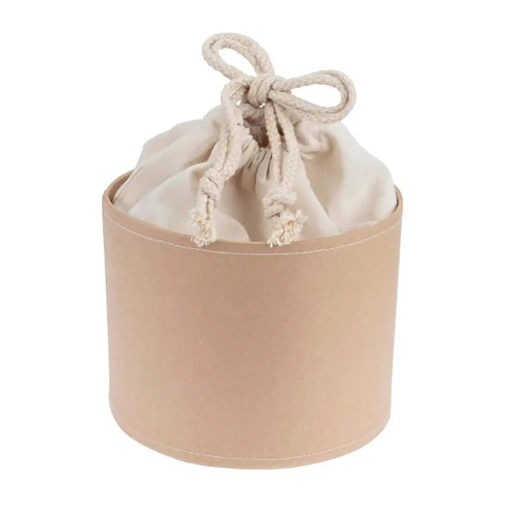 Cardboard box with cotton bag H 12cm. Dia 15cm.
