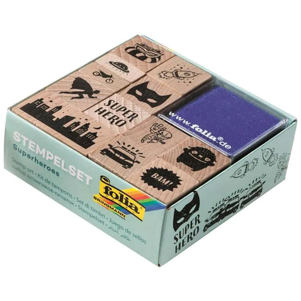 Wood Stamps Set Superheros 10 Stamps + 2 Inkpads