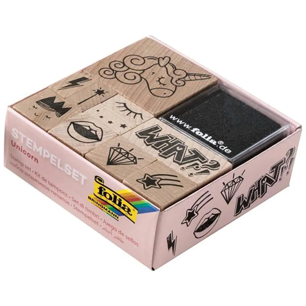Wood Stamps Set Unicorn 10 Stamps + 2 Inkpads