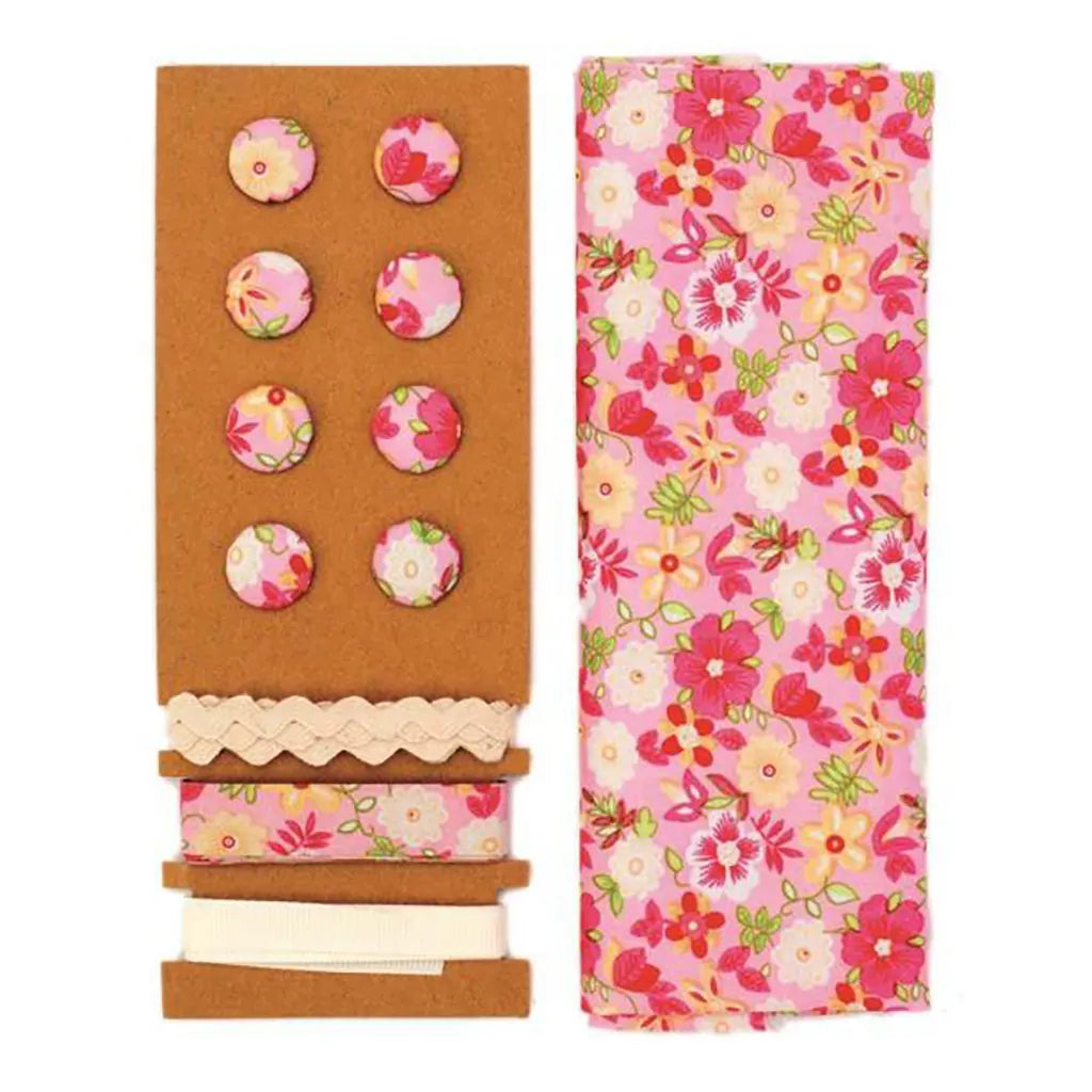 Textile Set Pink-Fuchsia Flowers 48x48cm Ribbons 3x1m, 8 Buttons