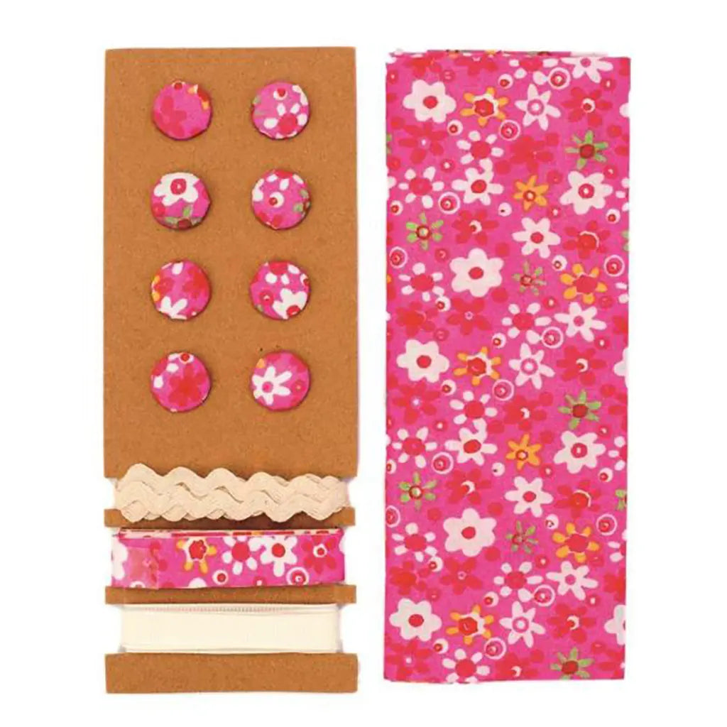 Textile Set Pink Flowers 48x48cm Ribbons 3x1m, 8 Buttons