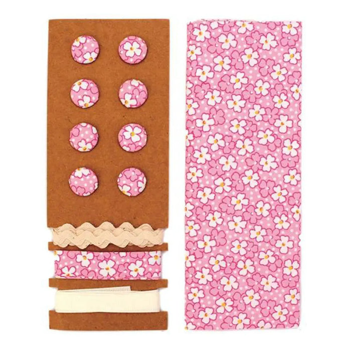 Textile Set Pink White Flowers 48x48cm Ribbons 3x1m, 8 Buttons