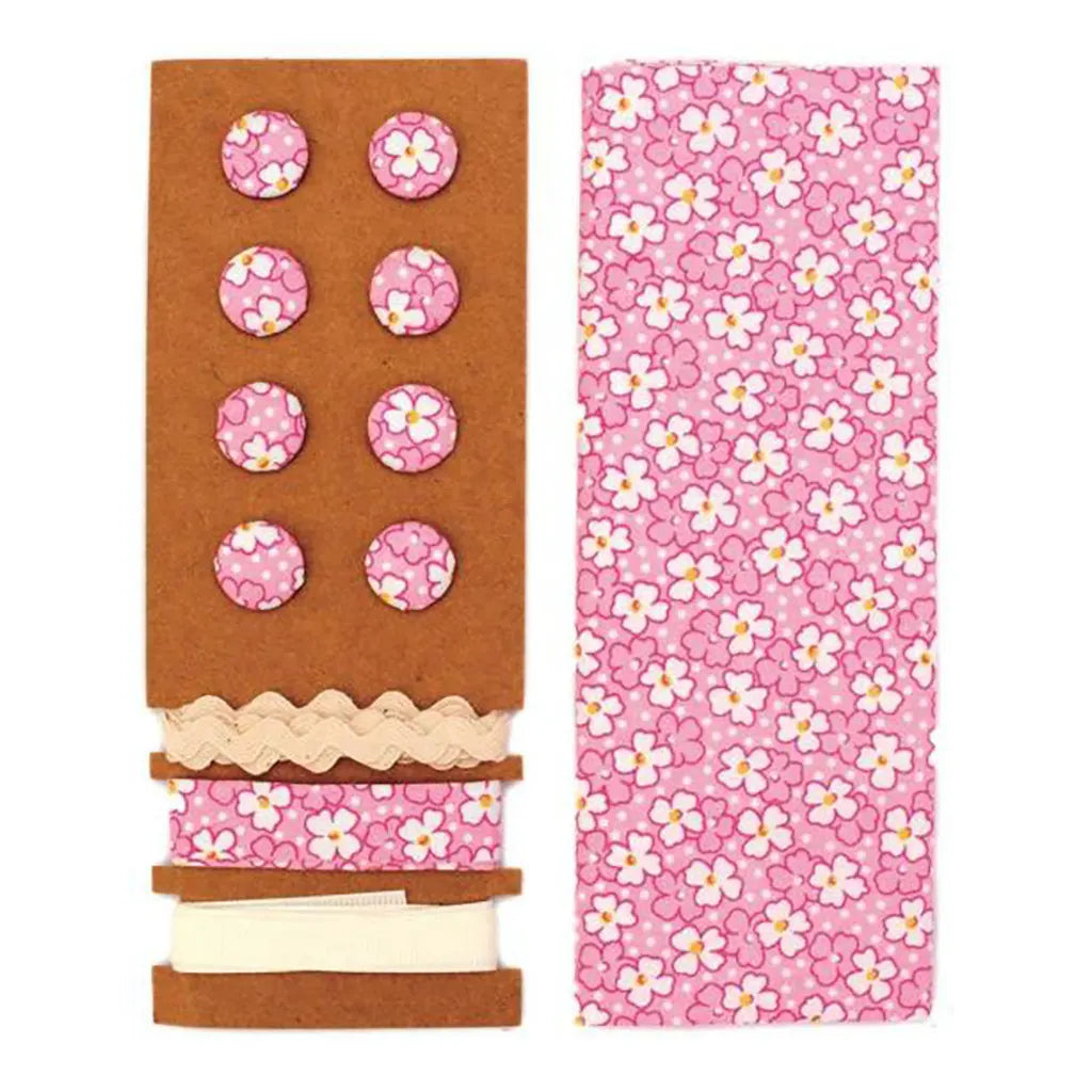 Textile Set Pink White Flowers 48x48cm Ribbons 3x1m, 8 Buttons