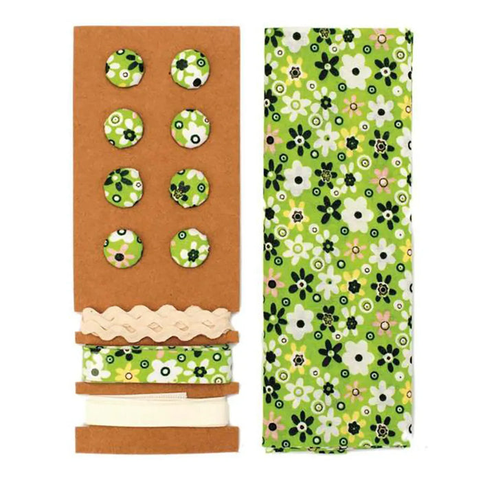 Textile Set Green Flowers 48x48cm Ribbons 3x1m, 8 Buttons