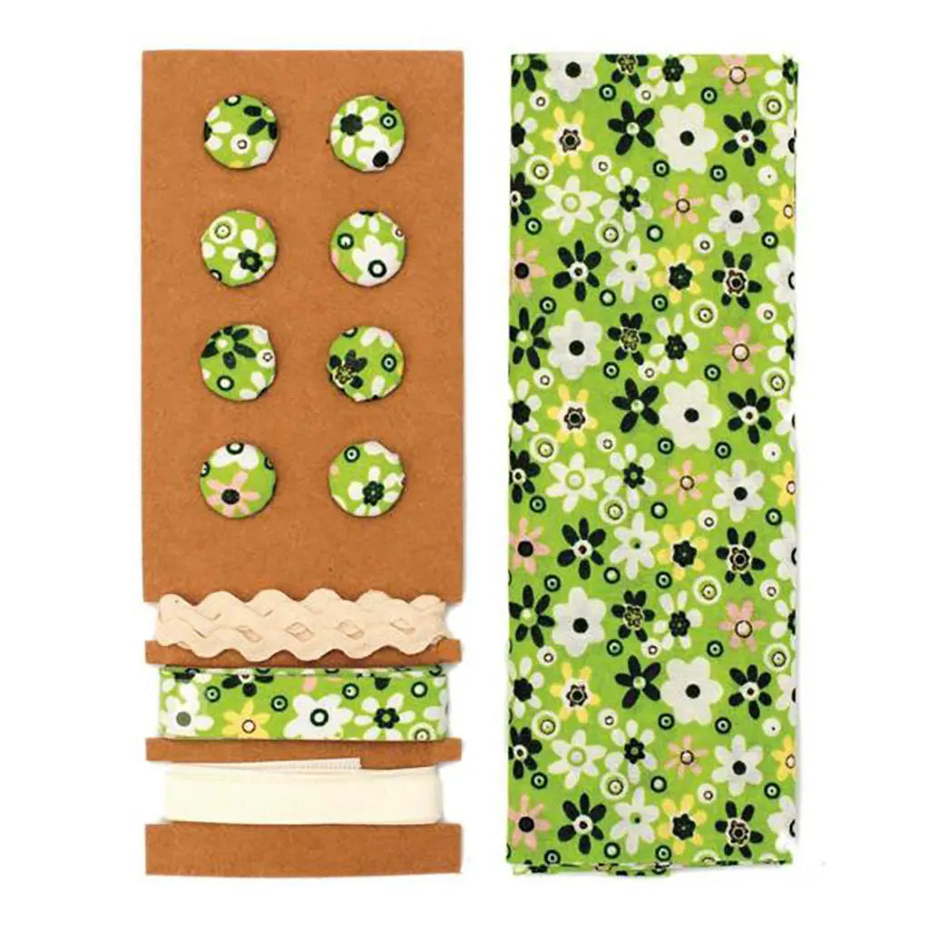 Textile Set Green Flowers 48x48cm Ribbons 3x1m, 8 Buttons