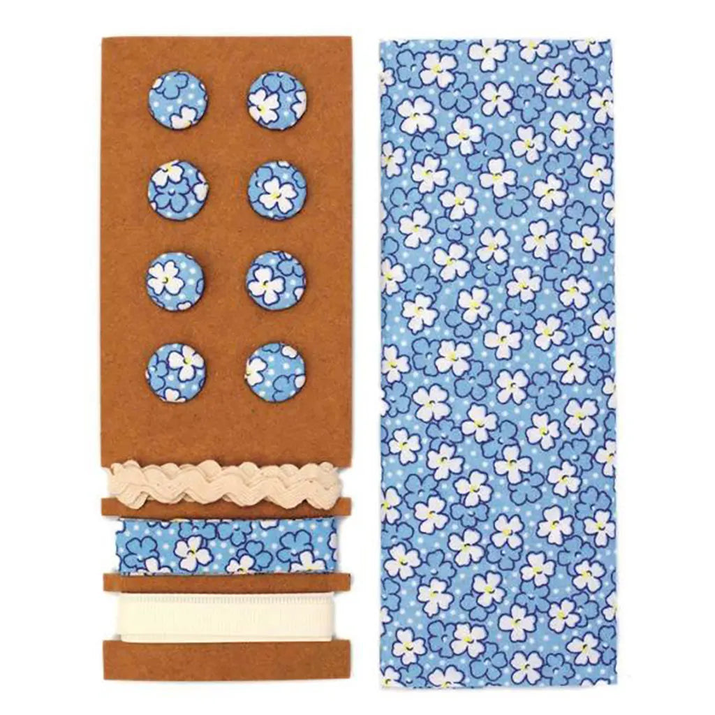Textile Set Blue Flowers 48x48cm Ribbons 3x1m, 8 Buttons