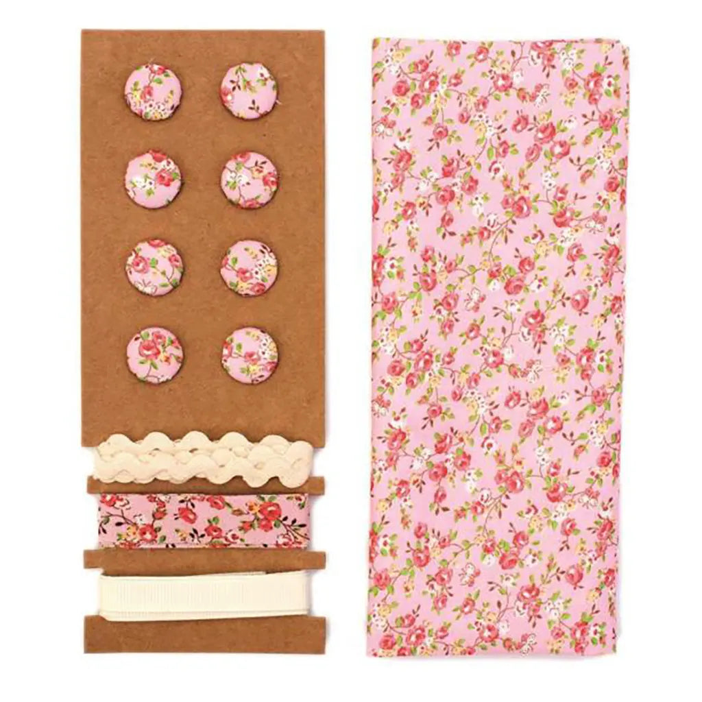 Textile Set Pink Flowers 48x48cm Ribbons 3x1m, 8 Buttons