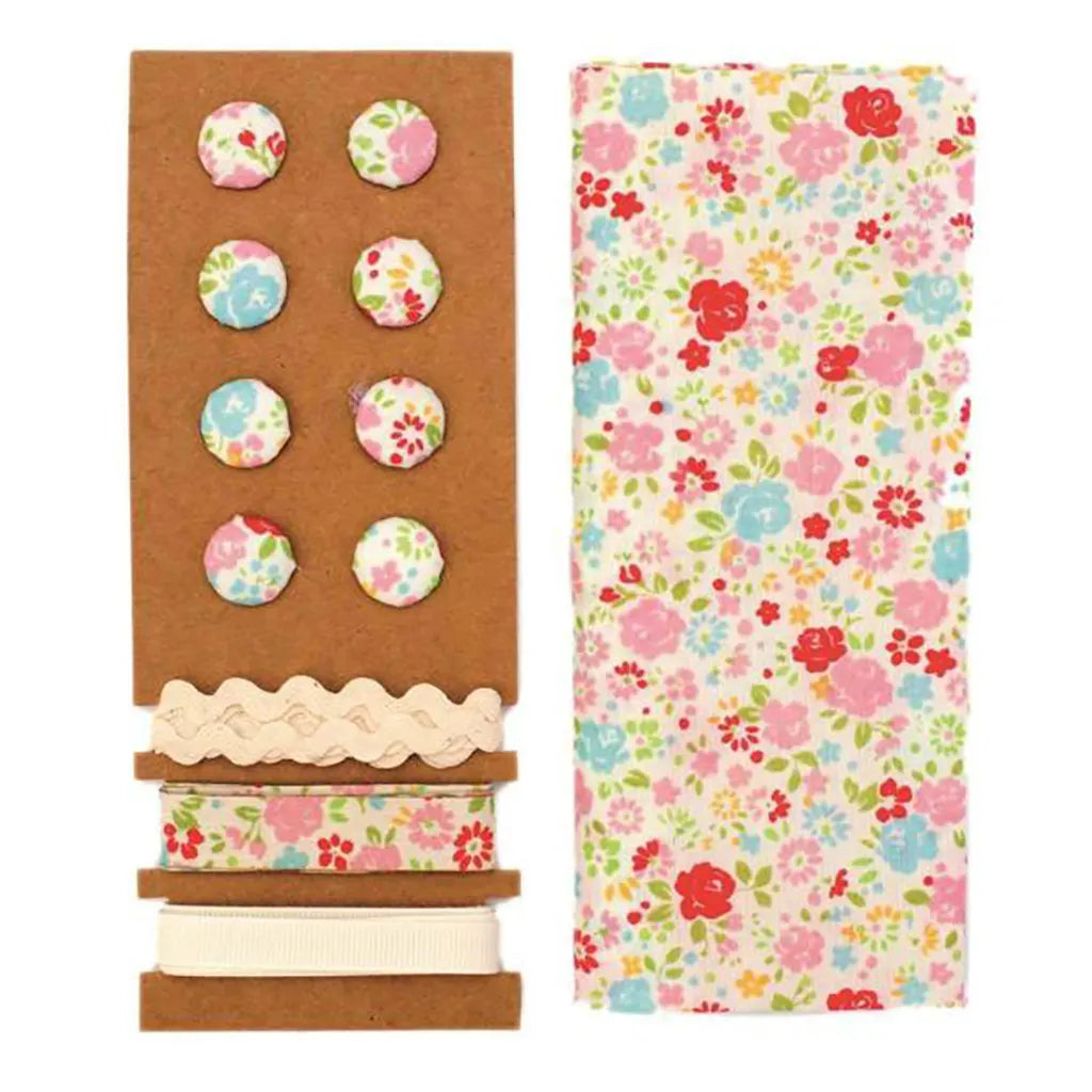 Textile Set Pink Flowers 48x48cm Ribbons 3x1m, 8 Buttons