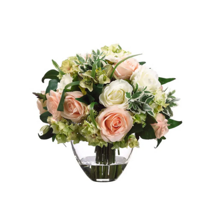 Rose / Hydrangea in Glass Vase 13in H x 13in W x 13in L, Peach Green