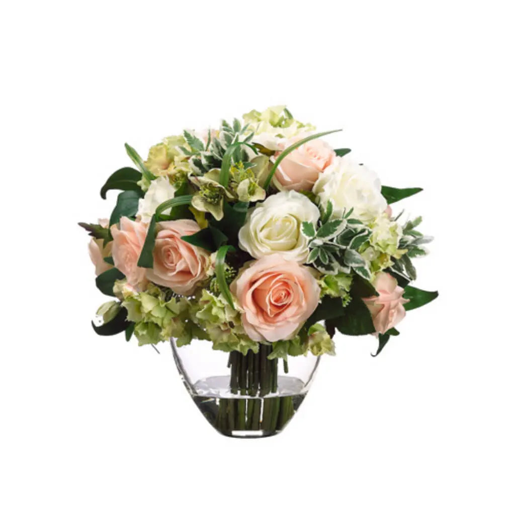 Rose / Hydrangea in Glass Vase 13in H x 13in W x 13in L, Peach Green