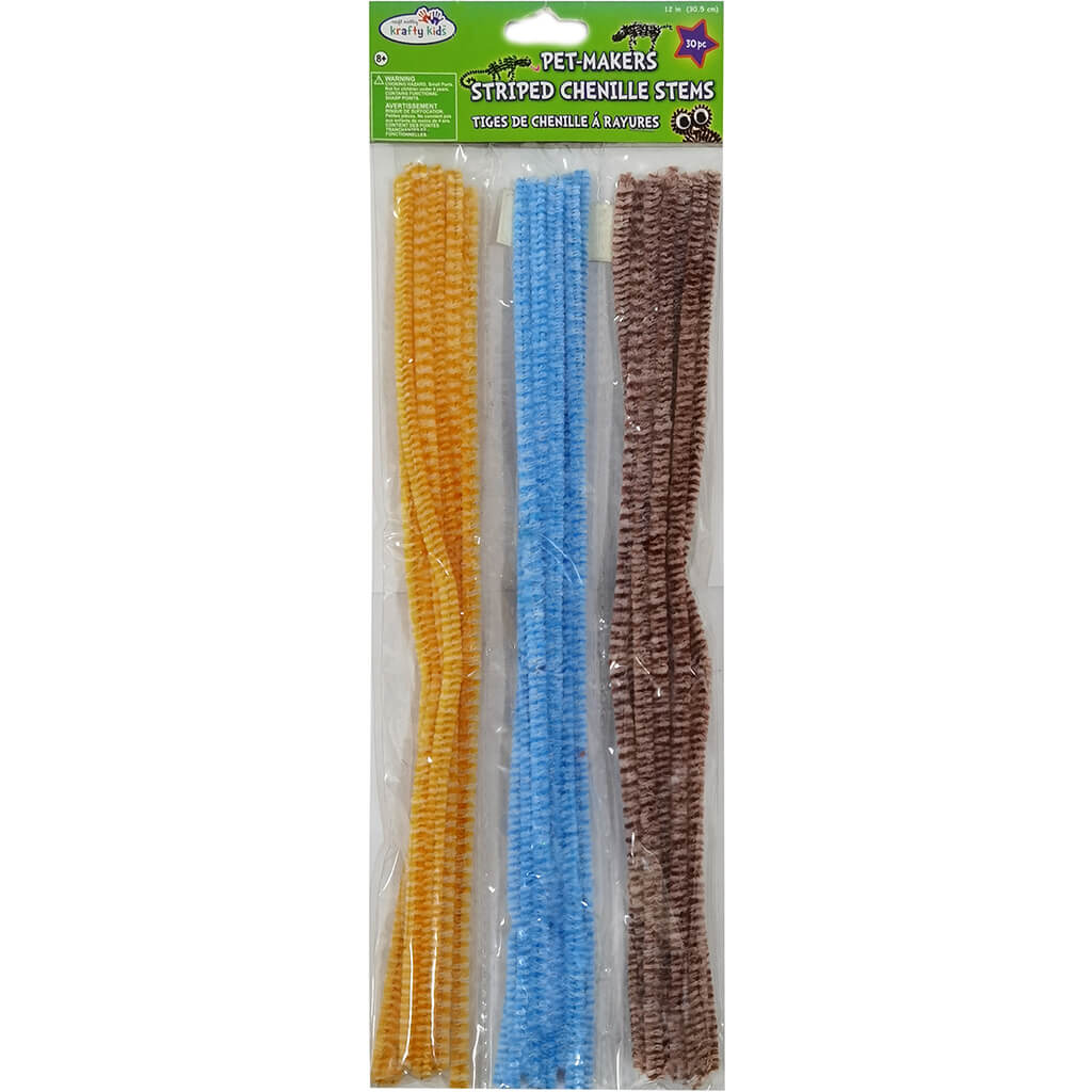 Pet Makers Chenille Striped Stems 30pc 12in, Yellow Blue, Brown