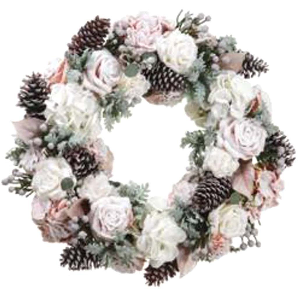 Snowed Hydrangea/Rose/Pine Cone Wreath 