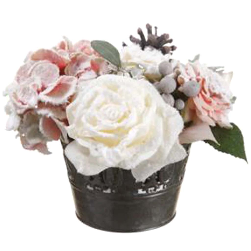 Snowed Hydrangea/Rose/Pine Cone in Tin Pot 