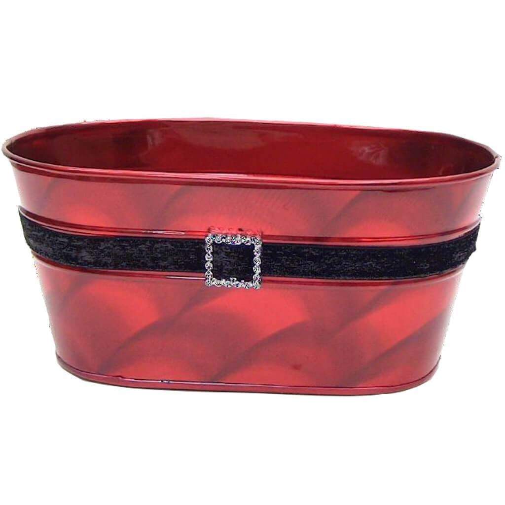 Christmas Oval Tin Pot with Black Belt 9 x 4.75 x 4