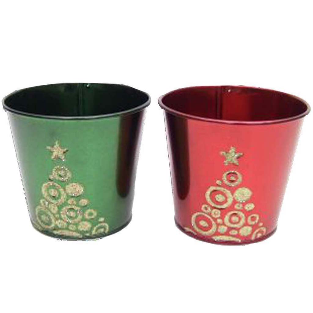 Christmas Tree Tin Round Pot 4.75in 