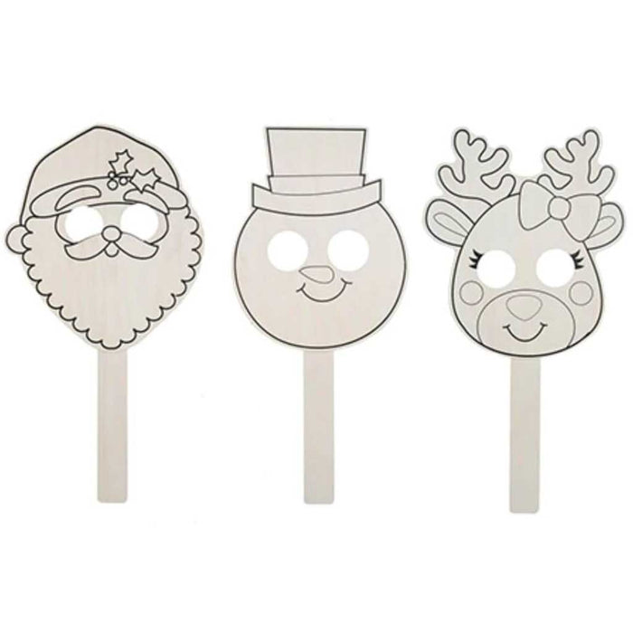 Wood Masks on Sticks Christmas Santa Claus
