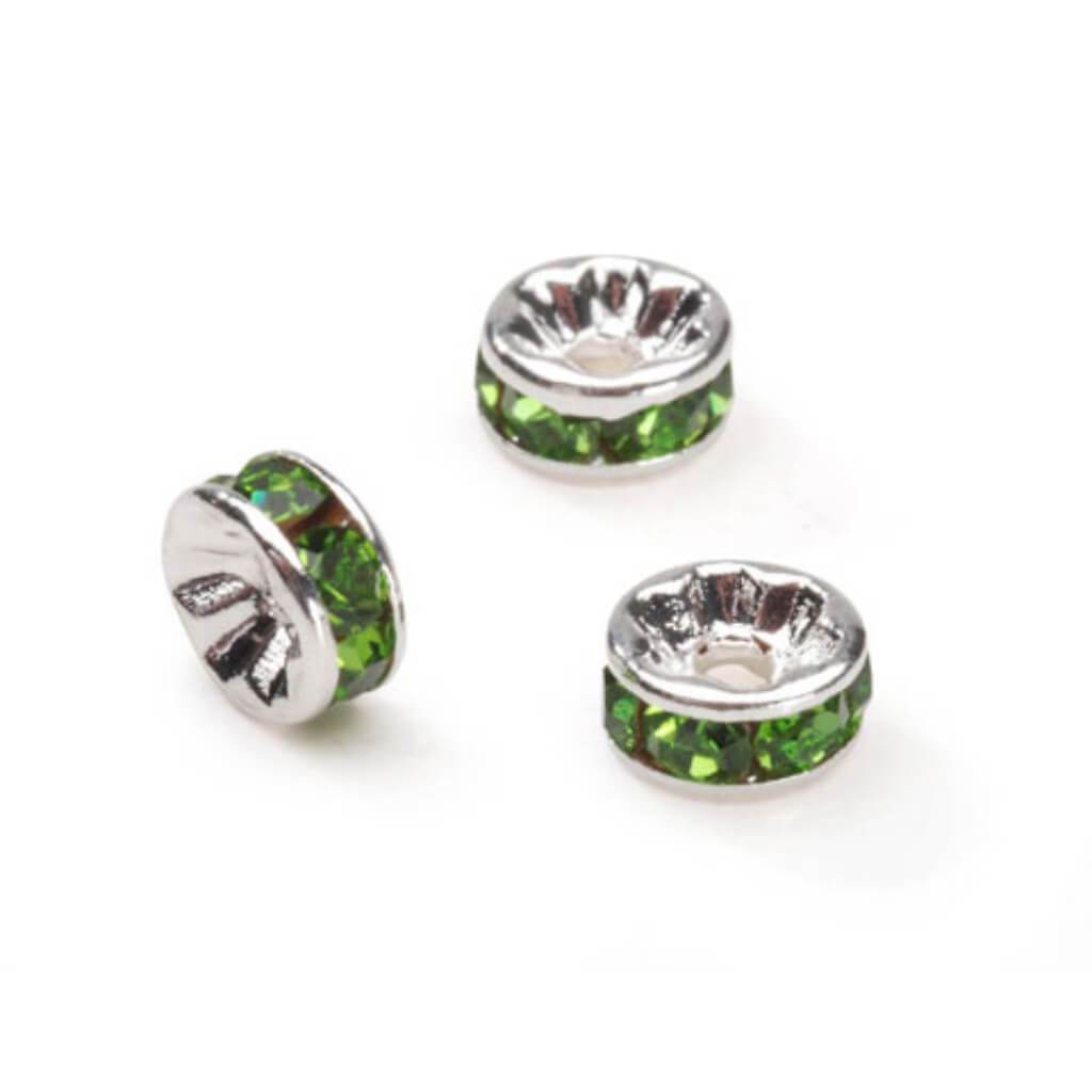 METAL LINED RHINESTONE BEADS PERIDOT 6MM 