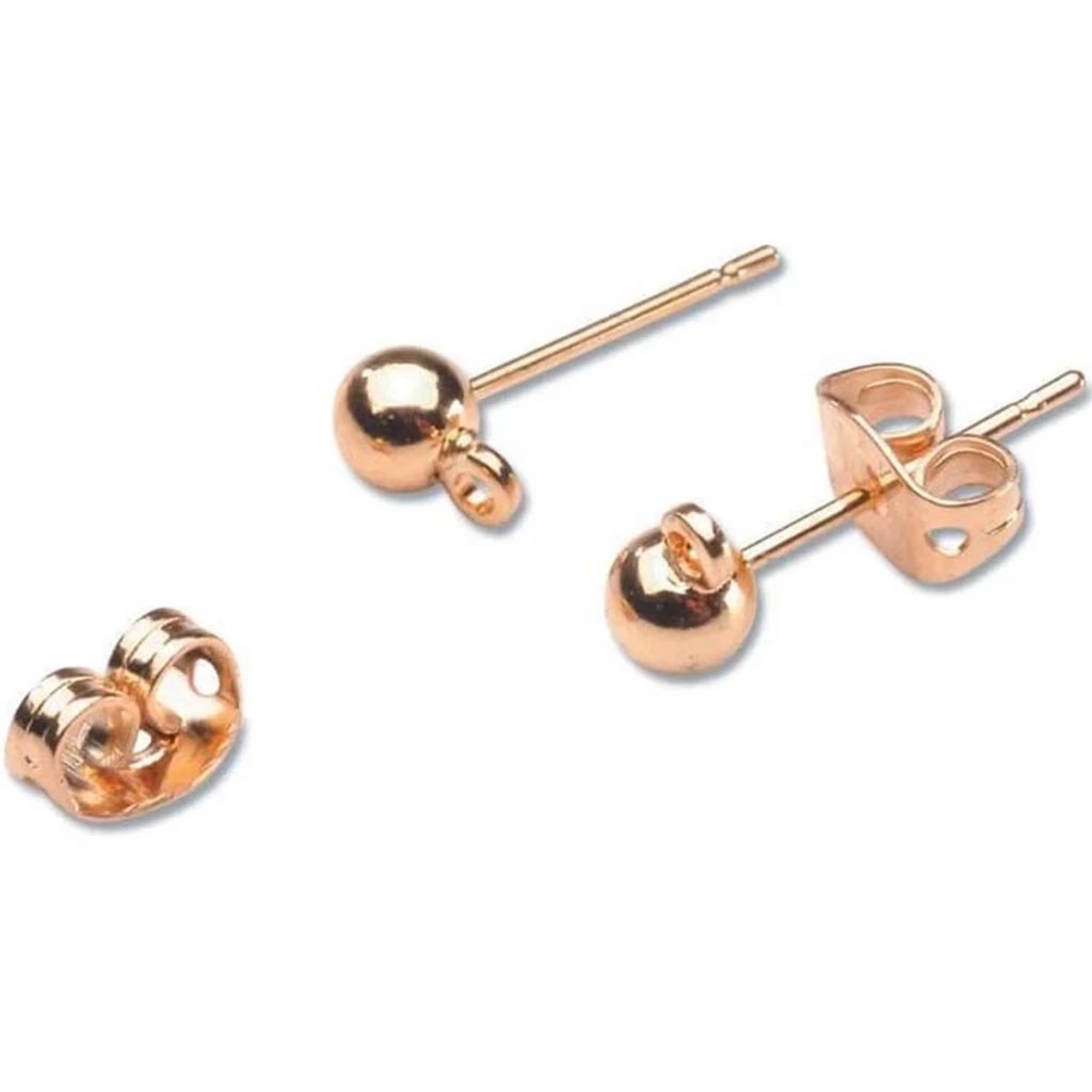 BALL EARRING POSTS W/ LOOP &amp; BUTTERFLY CATCH 4MM GOLD 