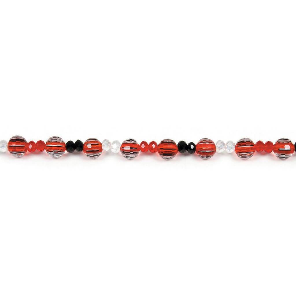 GLASS BEAD STRAND RED, CRYSTAL &amp; BLACK 7IN 