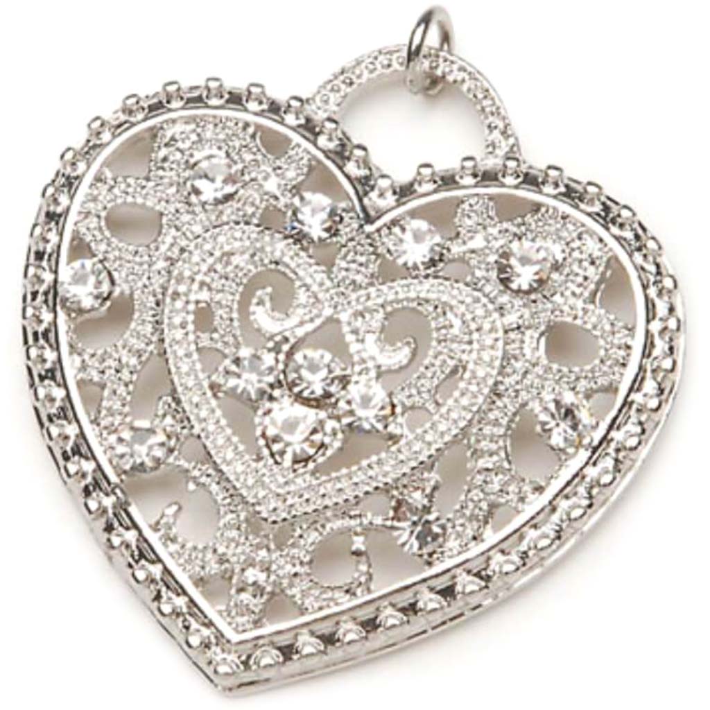 PENDANT RHINESTONE HEART SILVER 33MM 