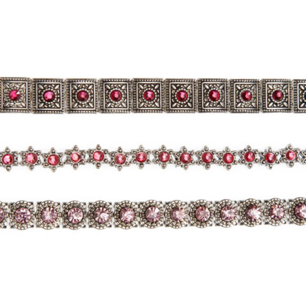 METAL SLIDER BEAD STRAND ANTIQUE SILVER FINISH PINK 