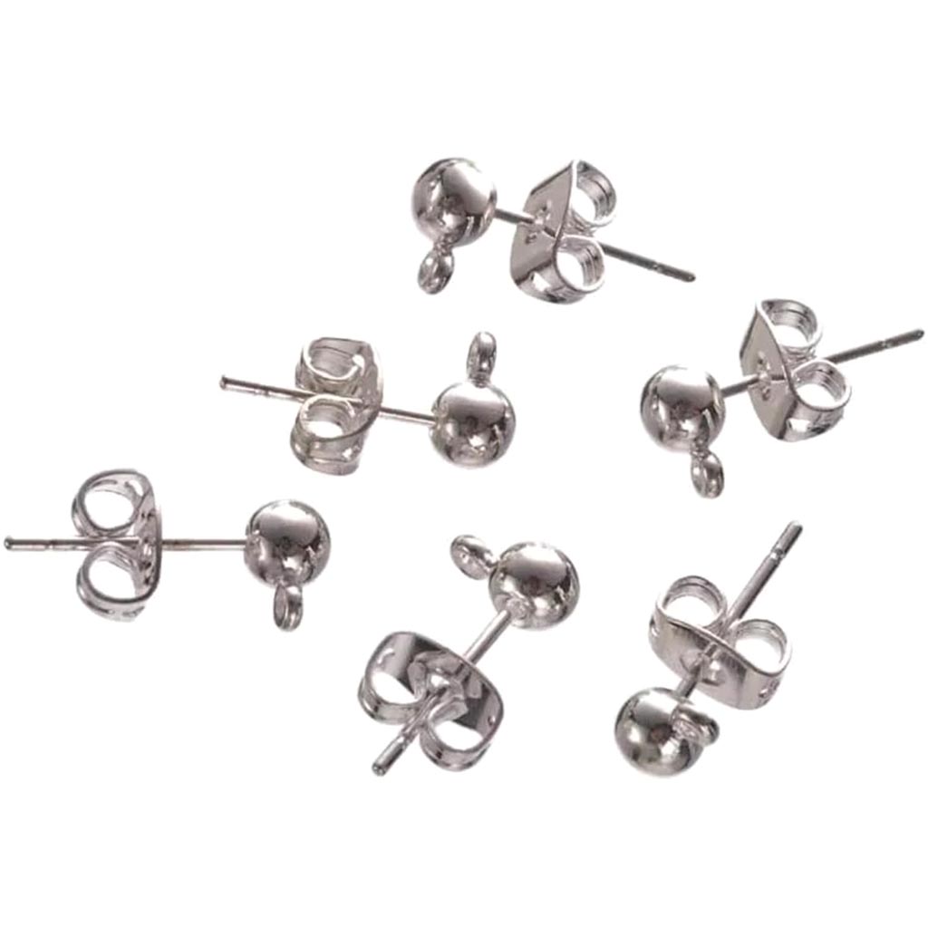 BALL EARRING POSTS W/ LOOP &amp; BUTTERFLY CATCH BR.SILVER 4MM 