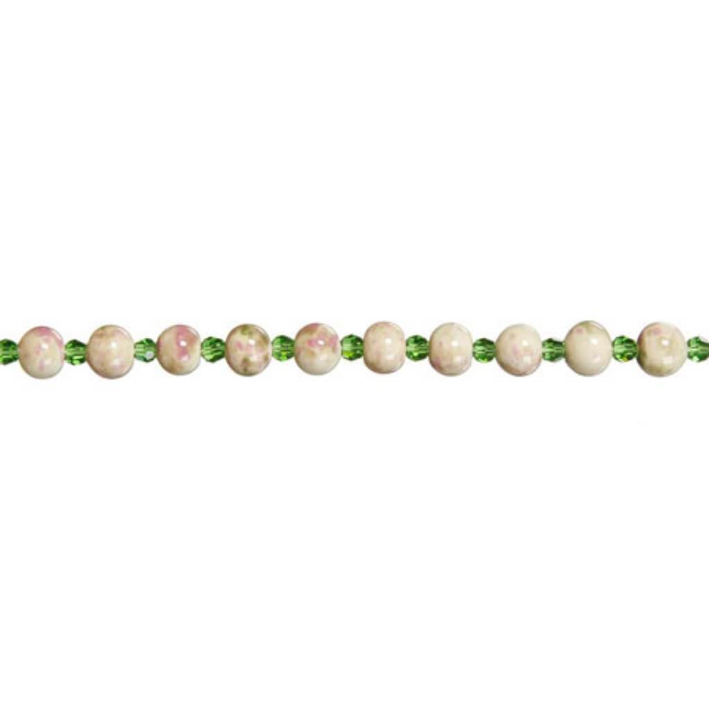 CERAMIC BEAD STRAND IVORY/PINK/GREEN 7IN 