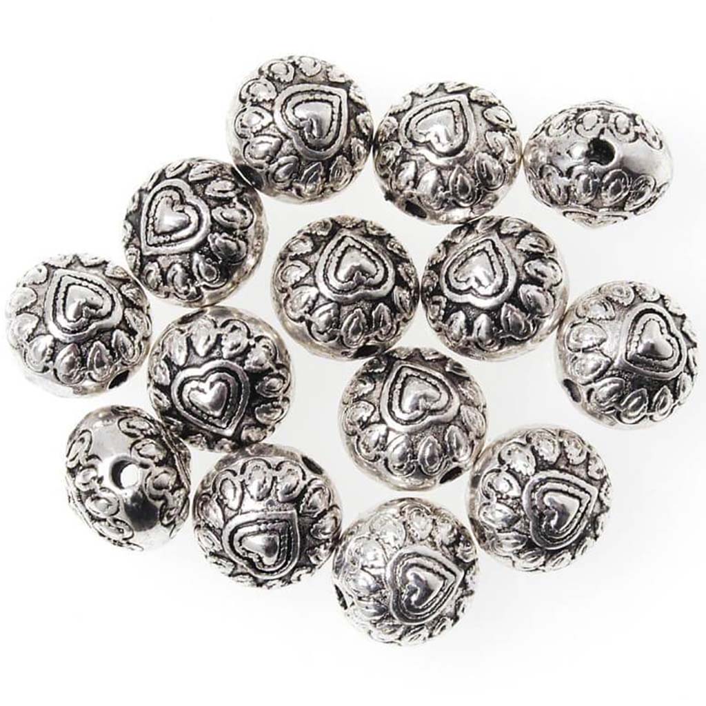 METAL SPACER BEADS ROUND W/ HEART DESIGN ANTIQUE SILVER 10MM 