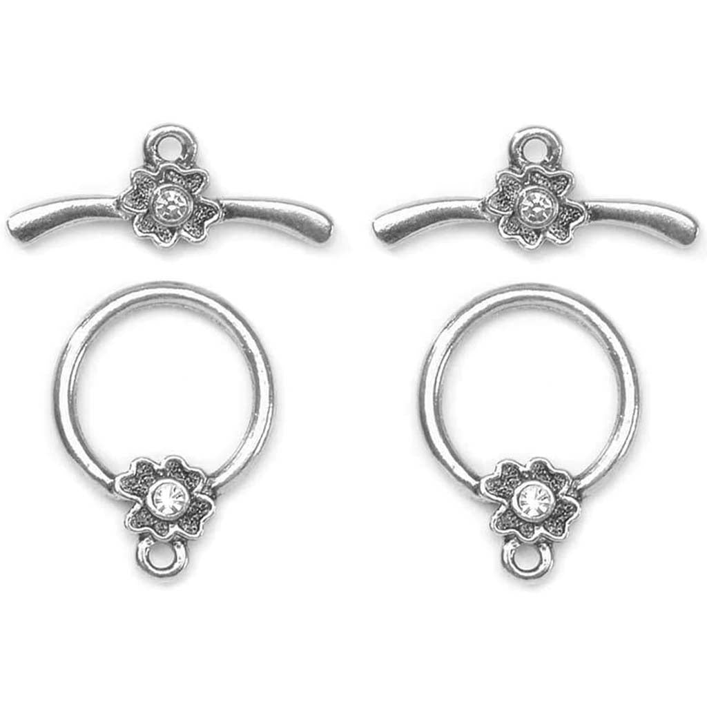 Toggle Clasp Silver And Rhinestone Clover 7/8in