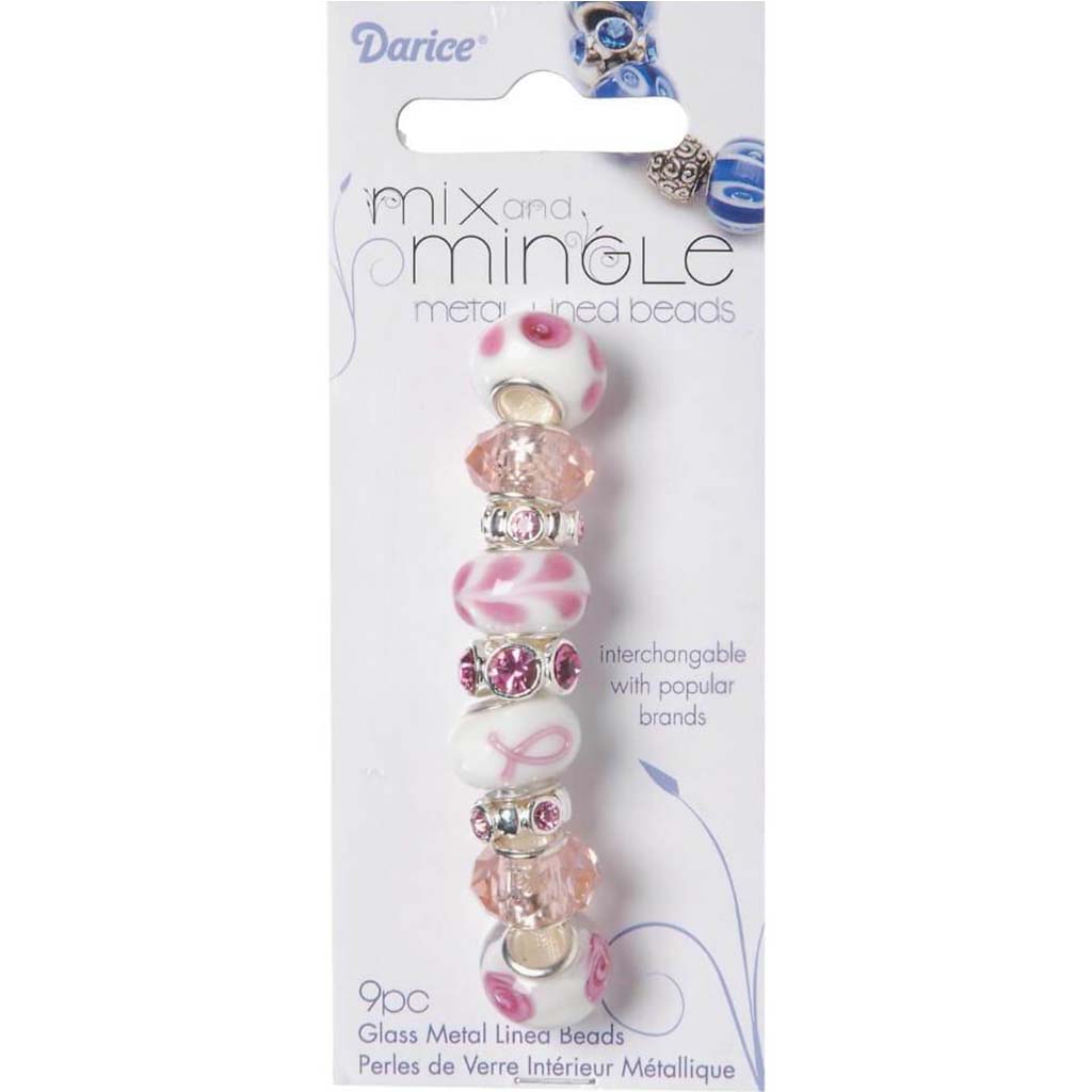 MIX AND MINGLE GLASS BEADS METAL LINED PINK &amp; WHITE MIX 